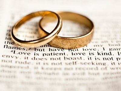 Two wedding rings on a bible.